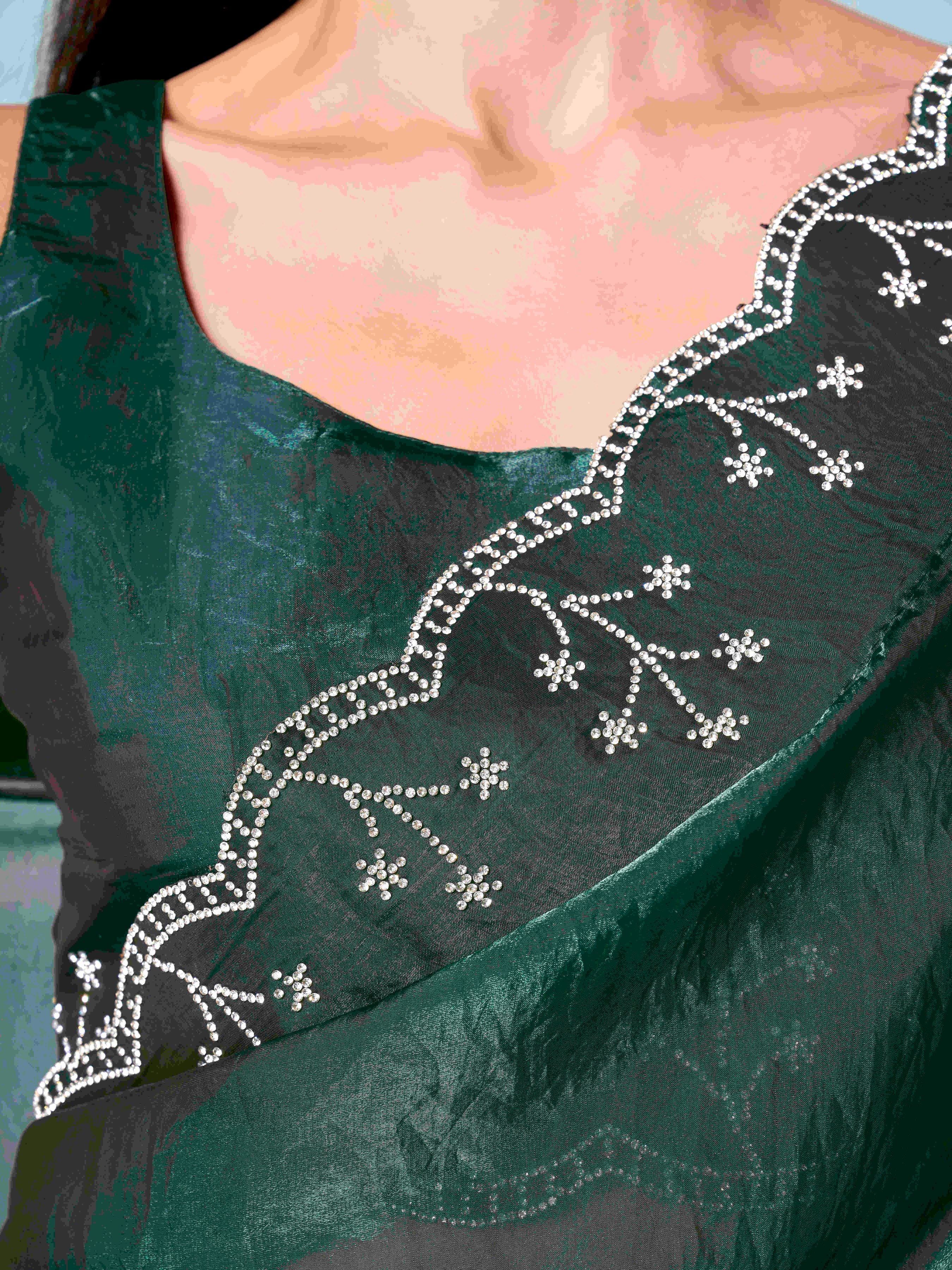 Two tone green & maroon colored satin saree with heavy work